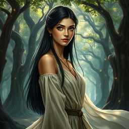 A fantasy book cover depicting a character who is the daughter of Athena, 17 years old, with long, straight black hair and deep, dark brown eyes that are captivating and expressive