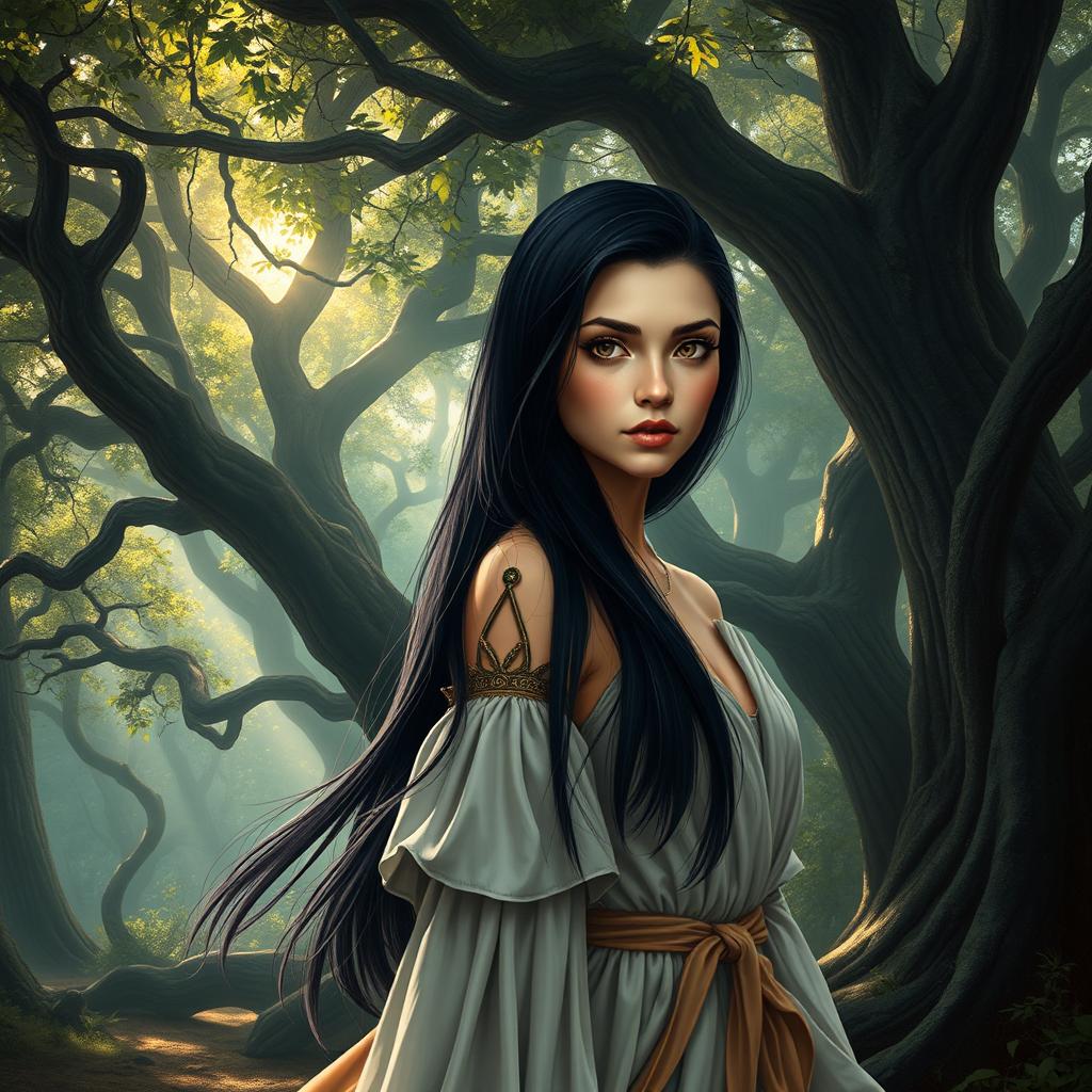 A fantasy book cover depicting a character who is the daughter of Athena, 17 years old, with long, straight black hair and deep, dark brown eyes that are captivating and expressive