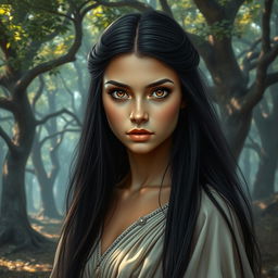 A fantasy book cover depicting a character who is the daughter of Athena, 17 years old, with long, straight black hair and deep, dark brown eyes that are captivating and expressive