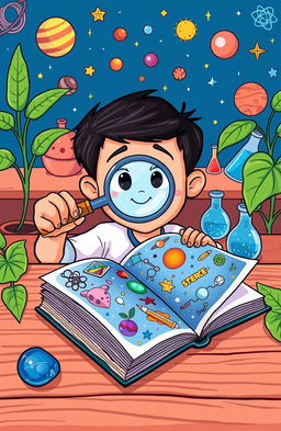 A vibrant cartoon illustration of a curious student holding a magnifying glass, with an expression of wonder