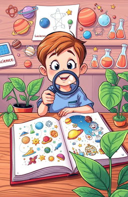A vibrant cartoon illustration of a curious student holding a magnifying glass, with an expression of wonder
