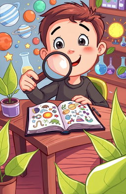 A vibrant cartoon illustration of a curious student holding a magnifying glass, with an expression of wonder
