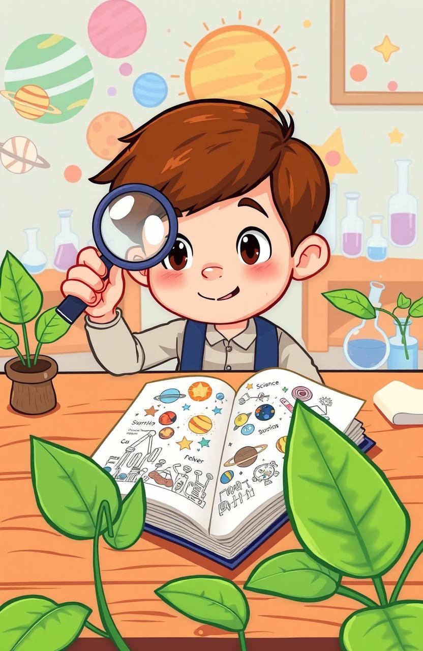 A vibrant cartoon illustration of a curious student holding a magnifying glass, with an expression of wonder