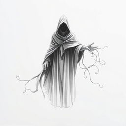 A pencil sketch depicting a mysterious cloaked figure standing in a radiant pool of light