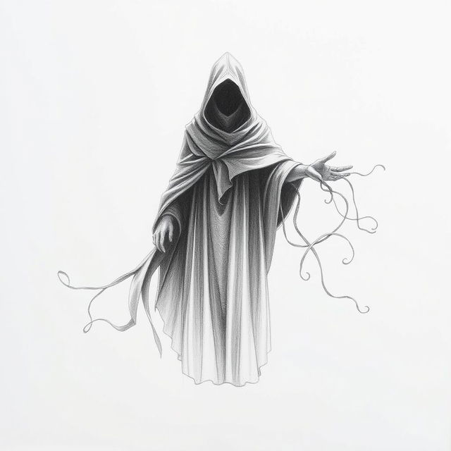 A pencil sketch depicting a mysterious cloaked figure standing in a radiant pool of light