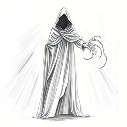 A pencil sketch depicting a mysterious cloaked figure standing in a radiant pool of light