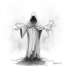 A pencil sketch depicting a mysterious cloaked figure standing in a radiant pool of light