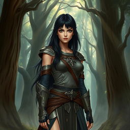 A fantasy book cover featuring a character who is the daughter of Athena, 17 years old, with long, straight black hair and very dark eyes that are deep and striking