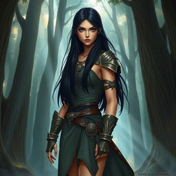 A fantasy book cover featuring a character who is the daughter of Athena, 17 years old, with long, straight black hair and very dark eyes that are deep and striking