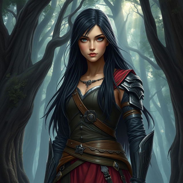 A fantasy book cover featuring a character who is the daughter of Athena, 17 years old, with long, straight black hair and very dark eyes that are deep and striking