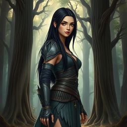 A fantasy book cover featuring a character who is the daughter of Athena, 17 years old, with long, straight black hair and very dark eyes that are deep and striking