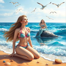 A beautiful girl in a bikini sitting on the beach next to the sea, gazing at a mystical mermaid sitting on a rock in the water