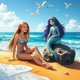 A beautiful girl in a bikini sitting on the beach next to the sea, gazing at a mystical mermaid sitting on a rock in the water