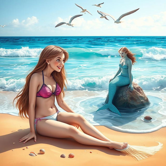 A beautiful girl in a bikini sitting on the beach next to the sea, gazing at a mystical mermaid sitting on a rock in the water