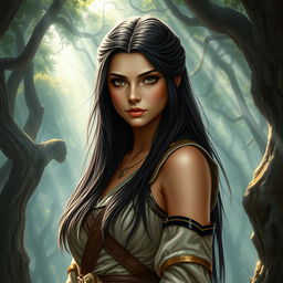 A fantasy book cover featuring a character who is the daughter of Athena, 17 years old, with long, straight black hair and striking black eyes that reflect depth and intelligence