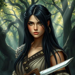 A fantasy book cover featuring a character who is the daughter of Athena, 17 years old, with long, straight black hair and striking black eyes that reflect depth and intelligence