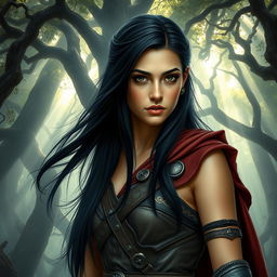 A fantasy book cover featuring a character who is the daughter of Athena, 17 years old, with long, straight black hair and striking black eyes that reflect depth and intelligence