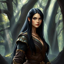 A fantasy book cover featuring a character who is the daughter of Athena, 17 years old, with long, straight black hair and striking black eyes that reflect depth and intelligence