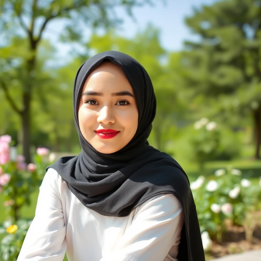 A young Muslim woman wearing a stylish black hijab, exuding confidence and grace