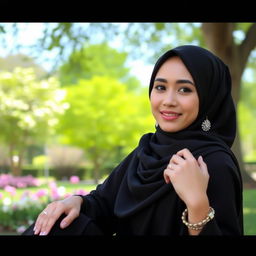 A young Muslim woman wearing a stylish black hijab, exuding confidence and grace