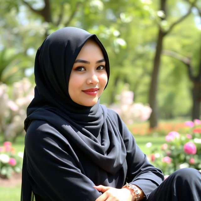 A young Muslim woman wearing a stylish black hijab, exuding confidence and grace