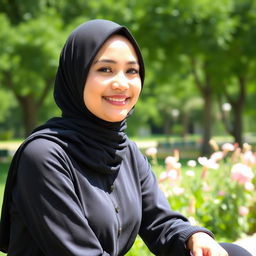 A young Muslim woman wearing a stylish black hijab, exuding confidence and grace