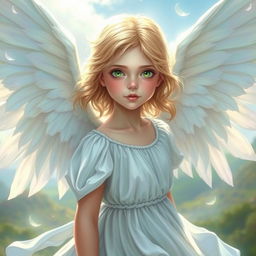A beautiful girl with fair skin, wearing a flowing white dress