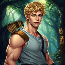 A fantasy book cover featuring a character who is the son of Apollo, 17 years old, exceptionally handsome with a well-defined, muscular build that is athletic yet not overly exaggerated