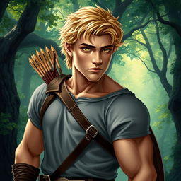 A fantasy book cover featuring a character who is the son of Apollo, 17 years old, exceptionally handsome with a well-defined, muscular build that is athletic yet not overly exaggerated