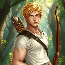A fantasy book cover featuring a character who is the son of Apollo, 17 years old, exceptionally handsome with a well-defined, muscular build that is athletic yet not overly exaggerated