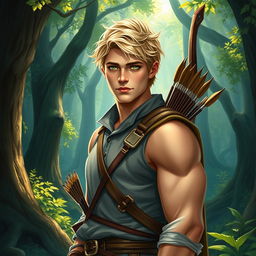 A fantasy book cover featuring a character who is the son of Apollo, 17 years old, exceptionally handsome with a well-defined, muscular build that is athletic yet not overly exaggerated