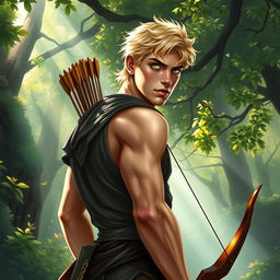 A fantasy book cover featuring a character who is the son of Apollo, 17 years old, strikingly handsome with a well-defined, athletic musculature that is toned but not overly exaggerated