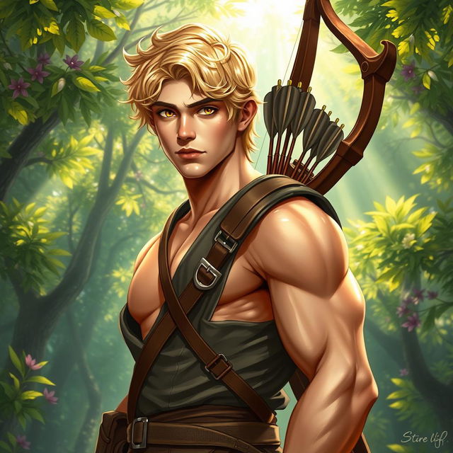 A fantasy book cover featuring a character who is the son of Apollo, 17 years old, strikingly handsome with a well-defined, athletic musculature that is toned but not overly exaggerated