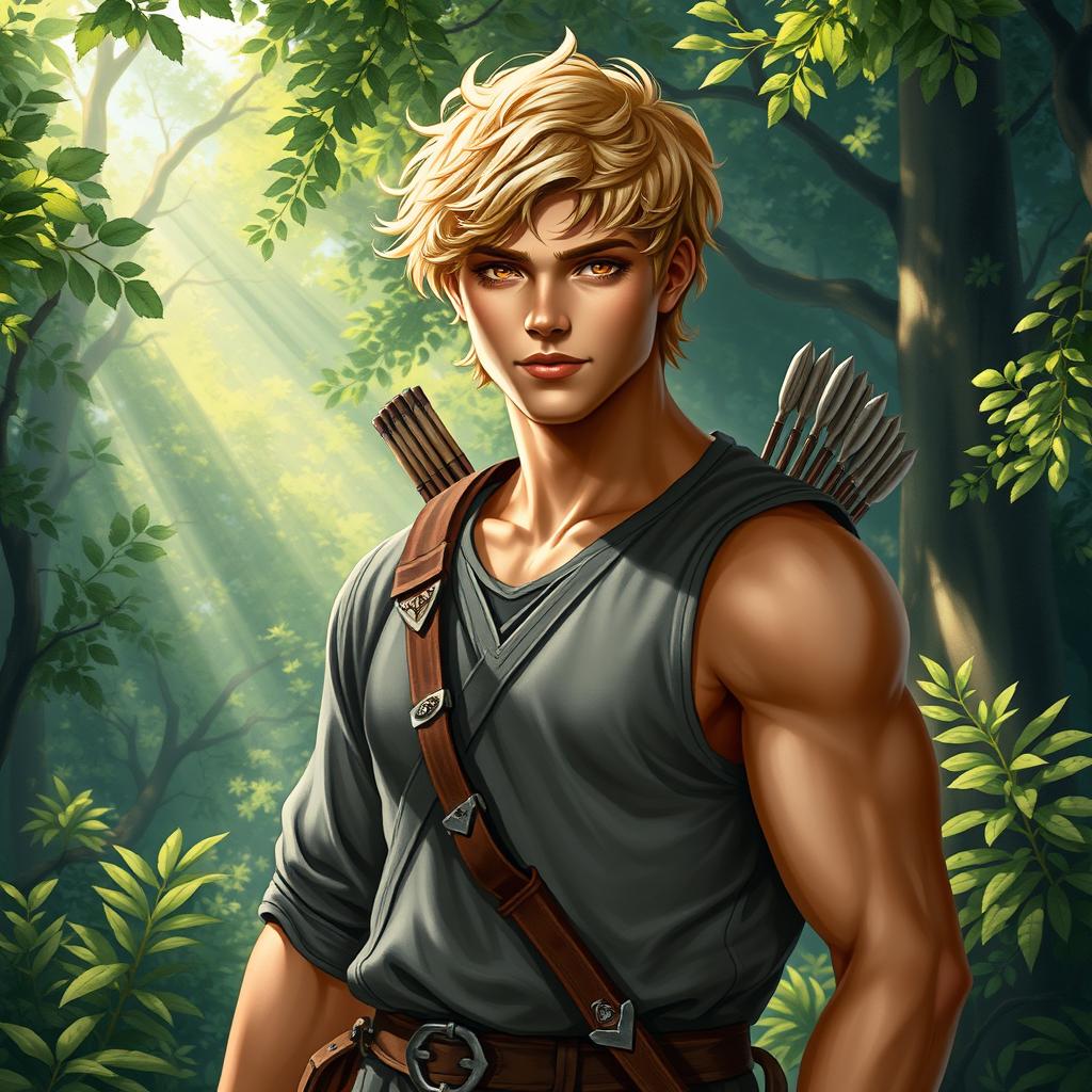 A fantasy book cover featuring a character who is the son of Apollo, 17 years old, strikingly handsome with a well-defined, athletic musculature that is toned but not overly exaggerated