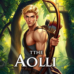 A fantasy book cover featuring a character who is the son of Apollo, 17 years old, strikingly handsome with a well-defined, athletic musculature that is toned but not overly exaggerated