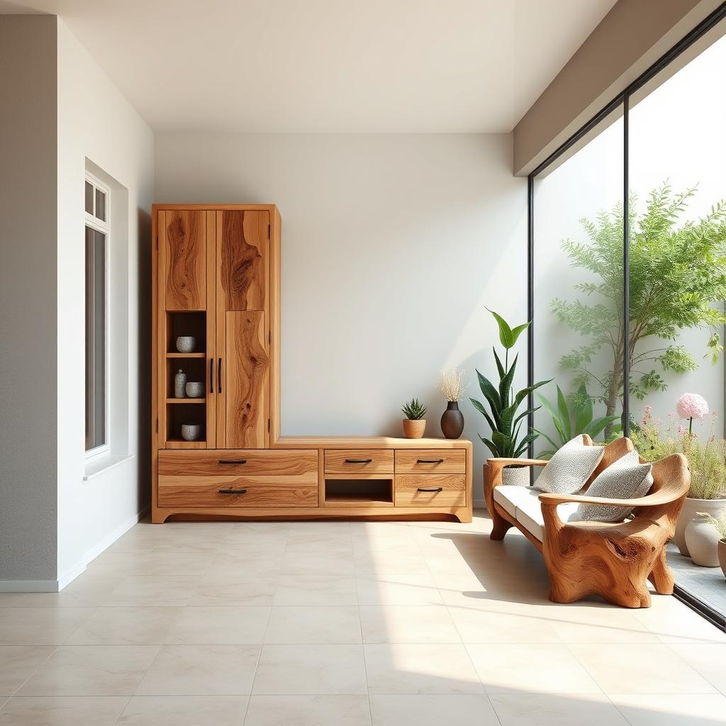 A stunning wooden wall cabinet designed to fit on a wall facing a terrace, measuring 3 meters wide and 2