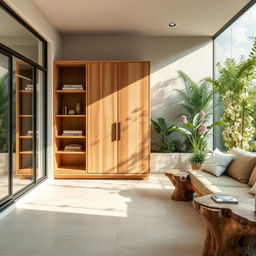 A stunning wooden wall cabinet designed to fit on a wall facing a terrace, measuring 3 meters wide and 2