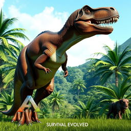 A realistic profile picture of a dinosaur from the game Ark: Survival Evolved, showcasing a majestic T-Rex standing tall in a lush prehistoric landscape