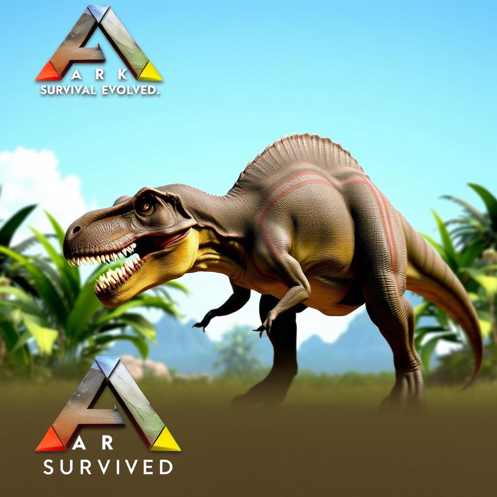 A realistic profile picture of a dinosaur from the game Ark: Survival Evolved, showcasing a majestic T-Rex standing tall in a lush prehistoric landscape