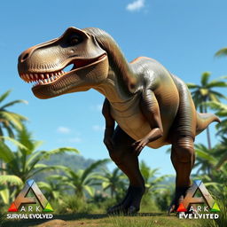 A realistic profile picture of a dinosaur from the game Ark: Survival Evolved, showcasing a majestic T-Rex standing tall in a lush prehistoric landscape