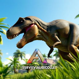 A realistic profile picture of a dinosaur from the game Ark: Survival Evolved, showcasing a majestic T-Rex standing tall in a lush prehistoric landscape
