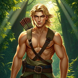 A fantasy book cover featuring a character who is the son of Apollo, aged 17, exceptionally handsome with a well-defined, muscular physique that is toned but not overly exaggerated