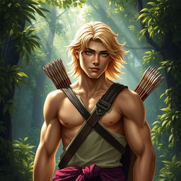 A fantasy book cover featuring a character who is the son of Apollo, aged 17, exceptionally handsome with a well-defined, muscular physique that is toned but not overly exaggerated