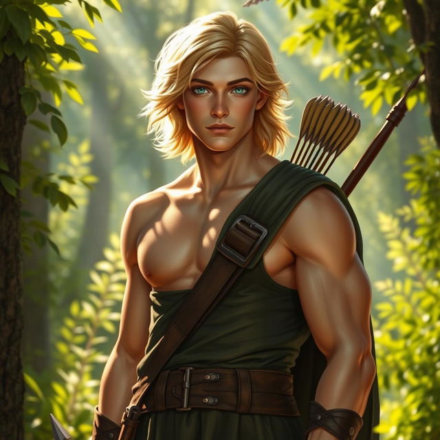 A fantasy book cover featuring a character who is the son of Apollo, aged 17, exceptionally handsome with a well-defined, muscular physique that is toned but not overly exaggerated