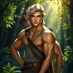 A fantasy book cover featuring a character who is the son of Apollo, aged 17, exceptionally handsome with a well-defined, muscular physique that is toned but not overly exaggerated