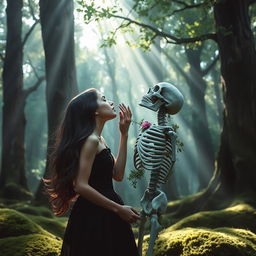 A girl dressed in a black dress with black lipstick passionately kissing a skeleton in a mystical forest