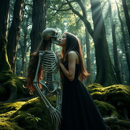 A girl dressed in a black dress with black lipstick passionately kissing a skeleton in a mystical forest