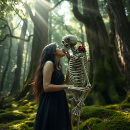 A girl dressed in a black dress with black lipstick passionately kissing a skeleton in a mystical forest
