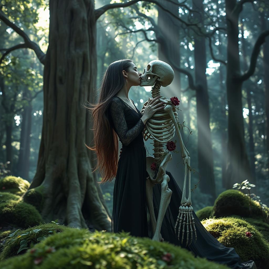 A girl dressed in a black dress with black lipstick passionately kissing a skeleton in a mystical forest