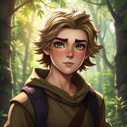 A fantasy book cover featuring a character who is the son of Hermes, aged 17, with captivating green eyes that sparkle with mischief